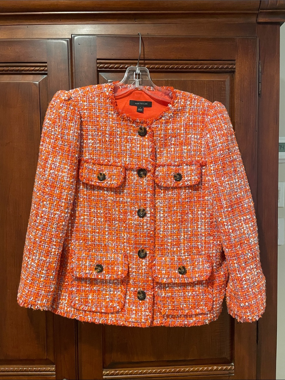 Ann Taylor Orange Tweed Bouclé Four-Pocket Jacket